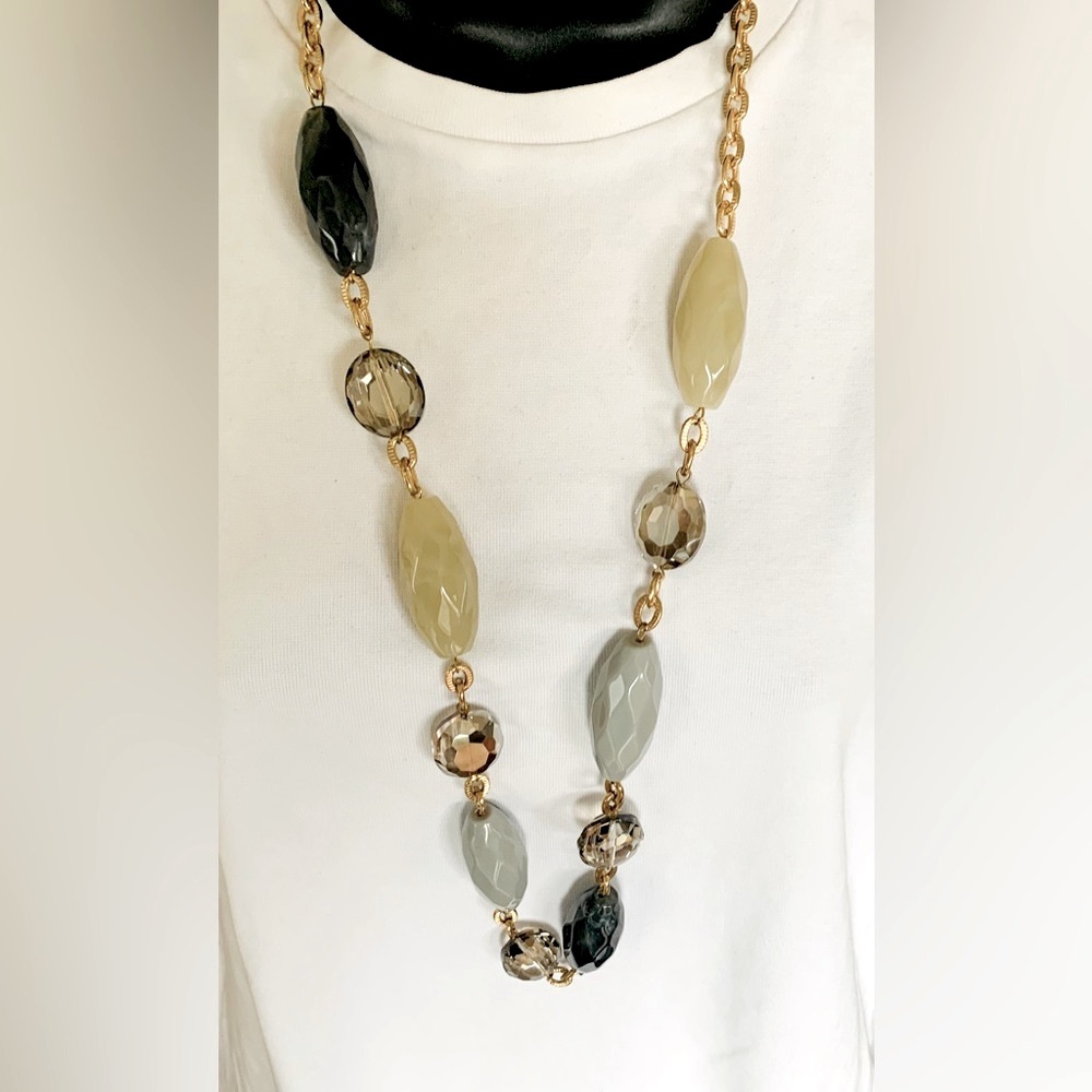 Long necklace gray & cream color large acrylic beadings on bronze tone chain